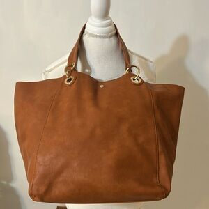New, vegan faux leather tote in brown